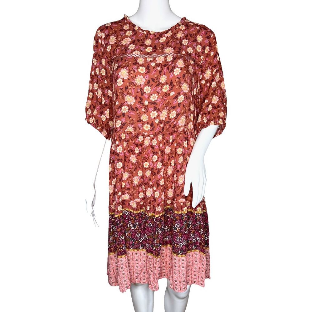 Knox Rose Dress Womens Medium Pink Floral Balloon Sleeve Tiered Bohemian Peasant
